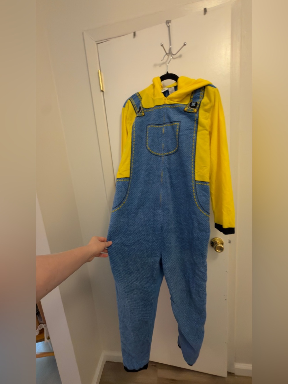 Minions yellow/blue denim overalls with hood and eye detail, size S.